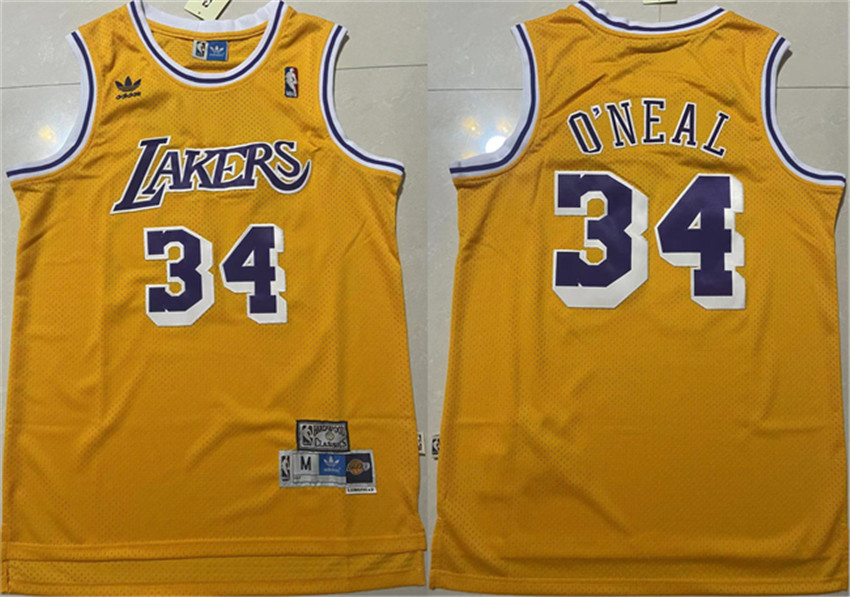 Men's Yellow Los Angeles Lakers ##34 Shaquille O'Neal Throwback basketball Jersey